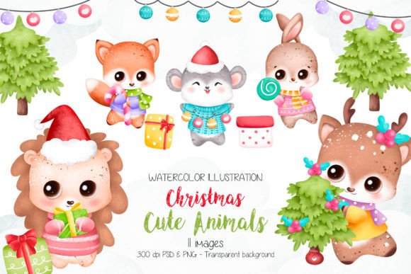 Baby Animals and Christmas Ornaments Illustrations