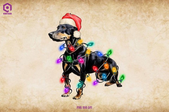 Doberman Christmas Tree Lights Illustrations