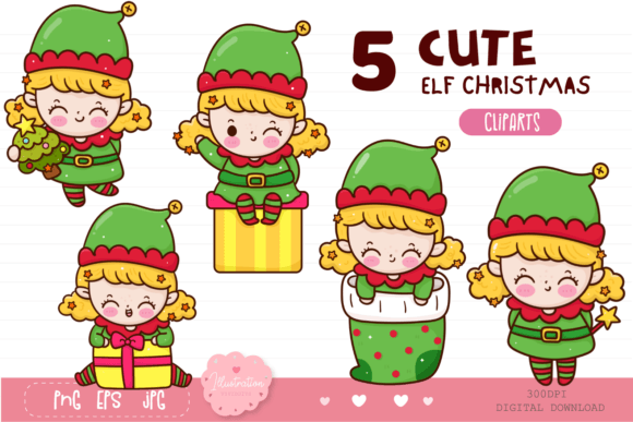Elf Girl Christmas. Cute Elf Clipart in Illustrations