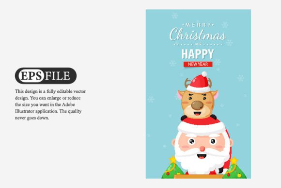 Merry Christmas Card with Santa and Deer Illustrations