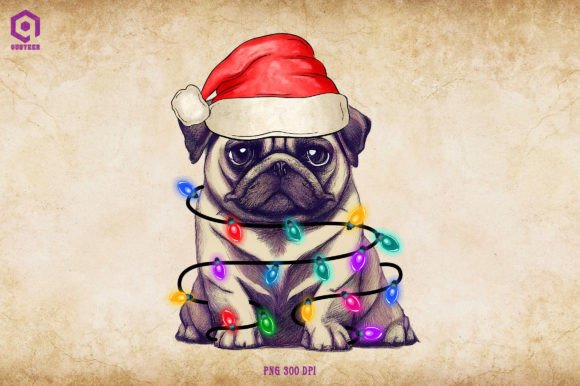Pug Christmas Tree Lights Illustration Review
