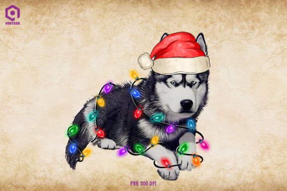 Siberian Husky Christmas Tree Lights Illustration