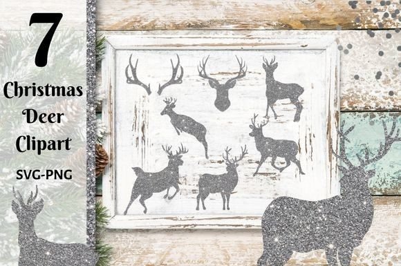 Silver Glitter Christmas Deer Clipart Illustrations