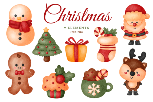 Watercolor Christmas Icons Clipart for Illustrations