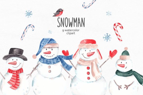 Watercolor Christmas Snowman Clipart for Illustrations