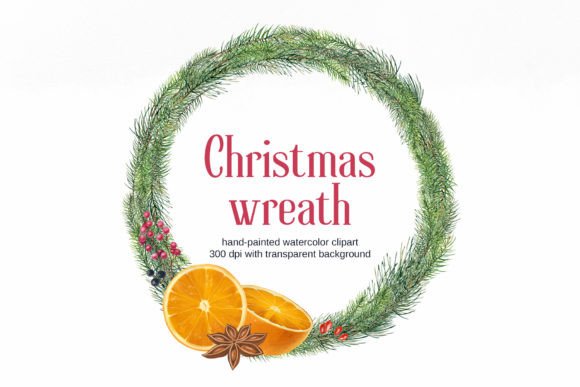 Watercolor Christmas Wreath Clipart, Png for Illustrations