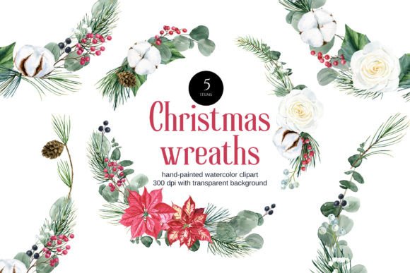 Watercolor Christmas Wreaths PNG for Illustrations